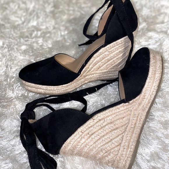 Brash Shoes - Black Suede Wedges. Tie around the ankle.